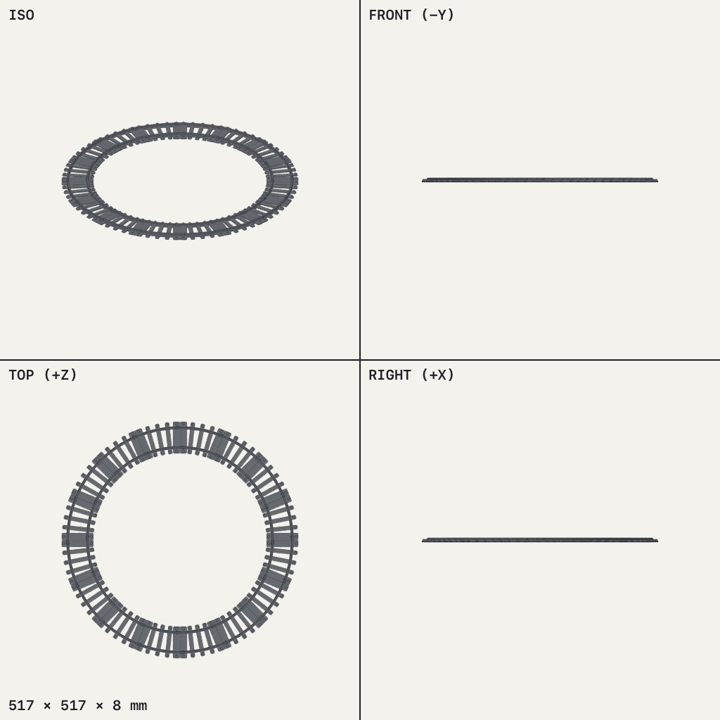 Flat ring of curved train track made of short sections with rails and cross sleepers