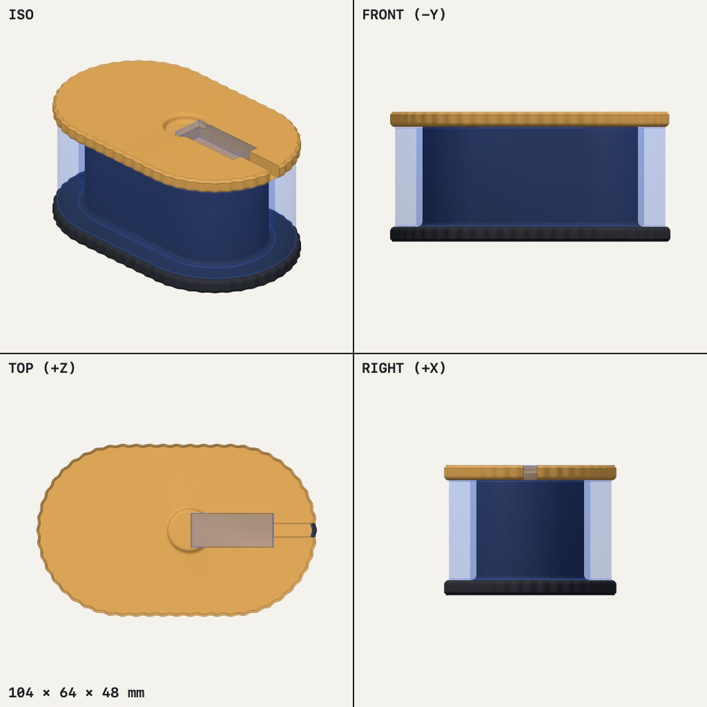 Oval spool with scalloped orange lid and dark base, a rectangular plug pocket cut into the lid