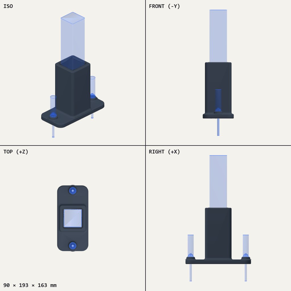 Dark square tube standing on a flat plate with two screw holes, a lighter blue stem sliding into it