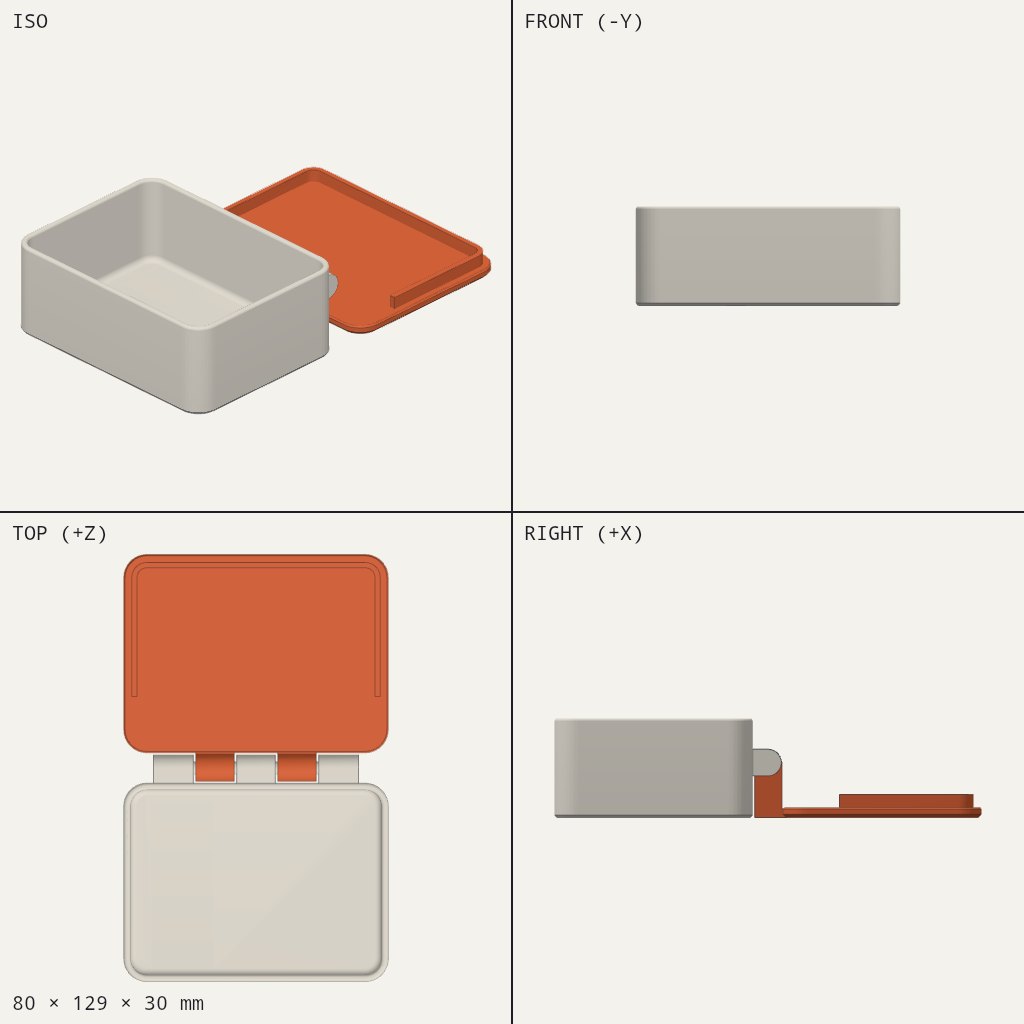 Shallow rounded box in grey with an orange lid folded open on a three-knuckle hinge
