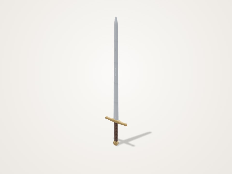 Long straight sword with a pale blade, gold crossguard, brown wrapped grip and round pommel