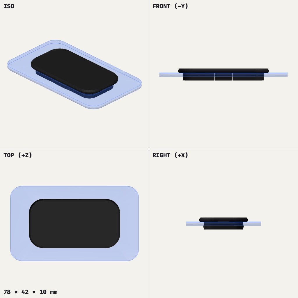 Flat rounded-rectangle cap with a wide lip and a short plug underneath, resting in a pale panel