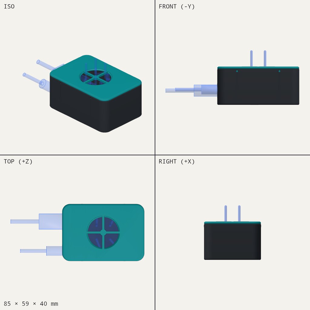Low rectangular case with a teal lid, a round cross-barred opening on top and two plug tubes at one end