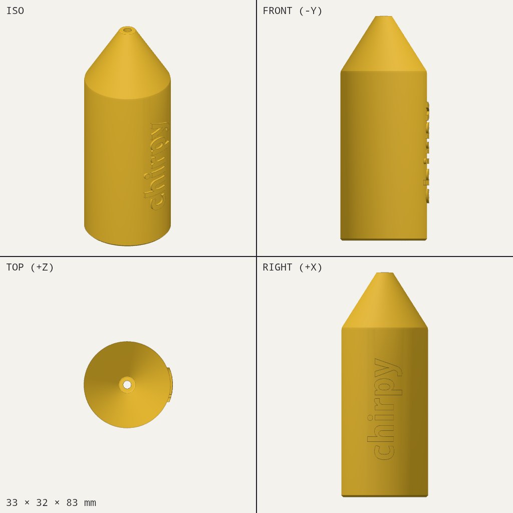 Yellow cylinder with a cone top and a small hole at the tip, with raised lettering down one side