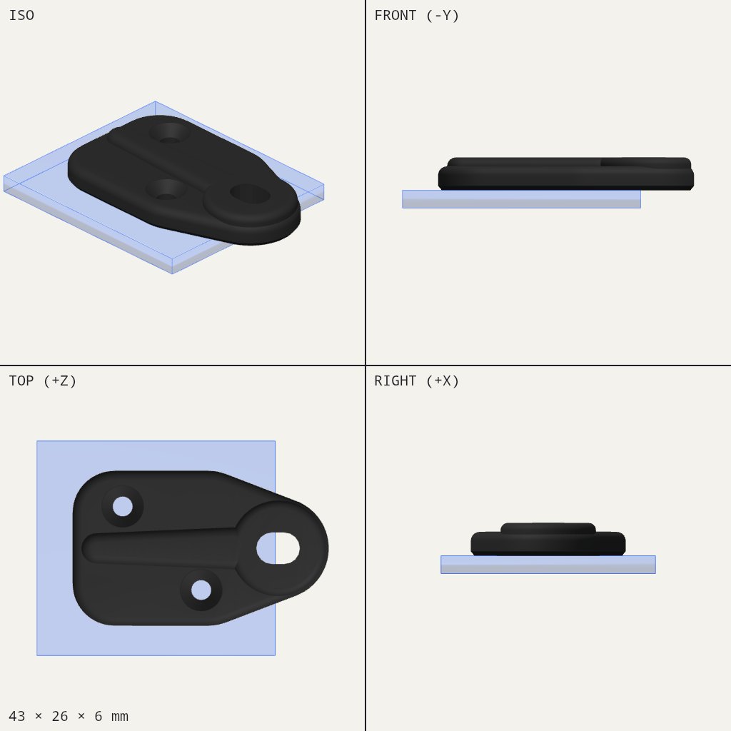 Flat dark plate with two small screw holes and a rounded end with an oval hole