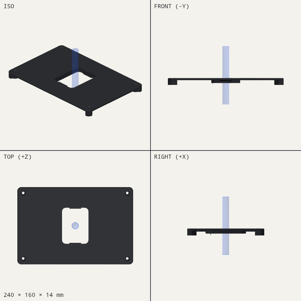 Flat dark rectangular plate with a square opening in the middle and a bolt hole in each corner
