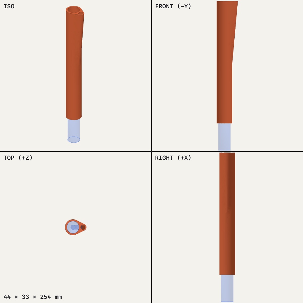 Tall rust-colored rod with a large round bore and a small bore beside it, the small one slanting inward