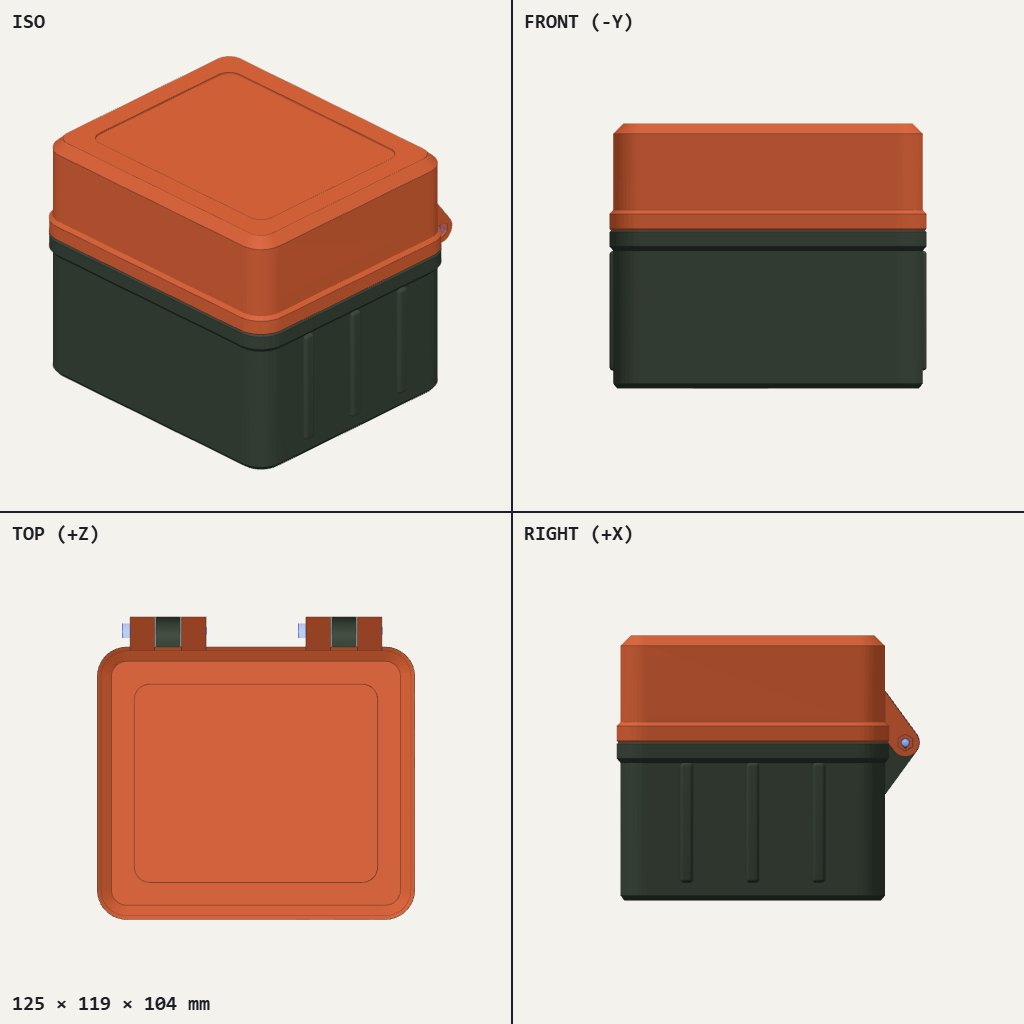 Squarish orange box with a hinged lid at the back on a dark green ribbed base