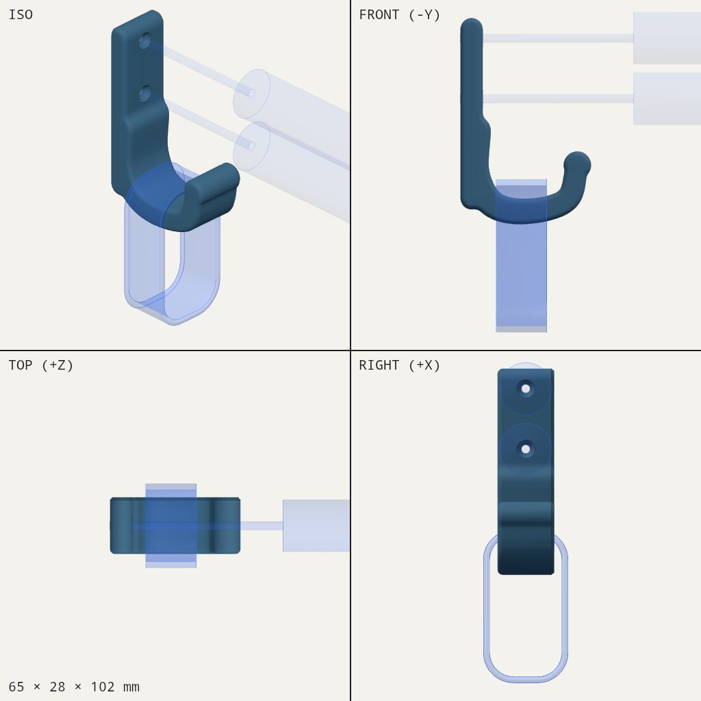 Dark wall hook with a tall back plate, two screw holes and a curled tip holding a bag strap