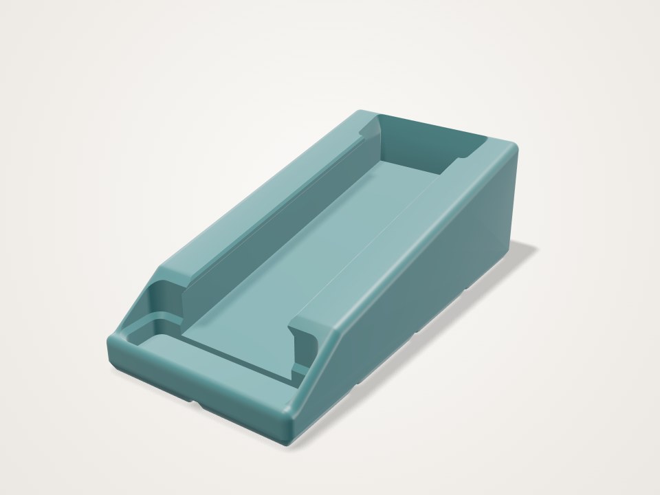 Teal Gridfinity bin with a sloped lane, raised side walls and a scooped front for taking out cells