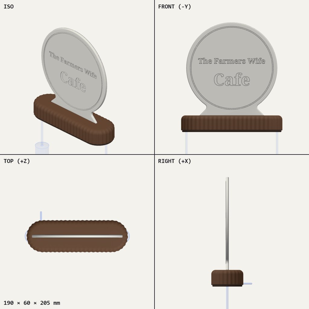 Round sign with The Farmers Wife Cafe lettering standing in a brown ribbed oval base