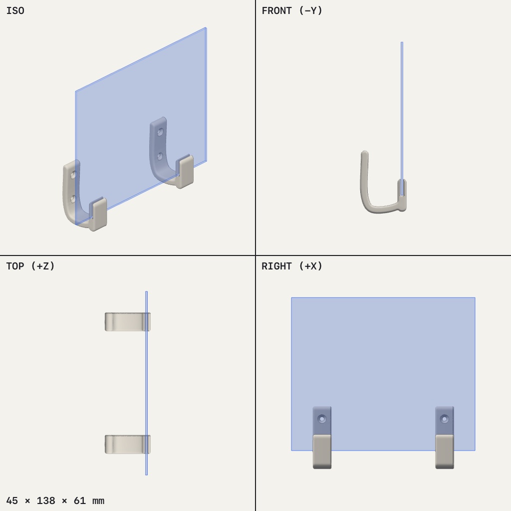Two J-shaped brackets with screw holes, each gripping the bottom edge of a thin flat panel
