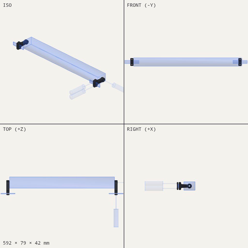 Long flat light bar with a small black bracket and clamp plate at each end