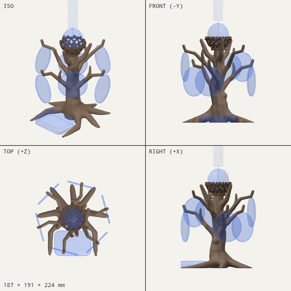 Bare gnarled tree with spreading roots, side branches and a small woven basket at the top