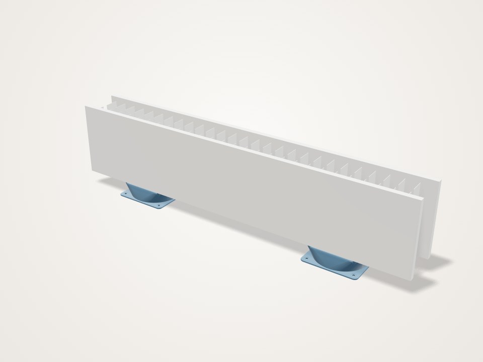 Long thin white duct with a row of fins, standing on two small blue fan mounts