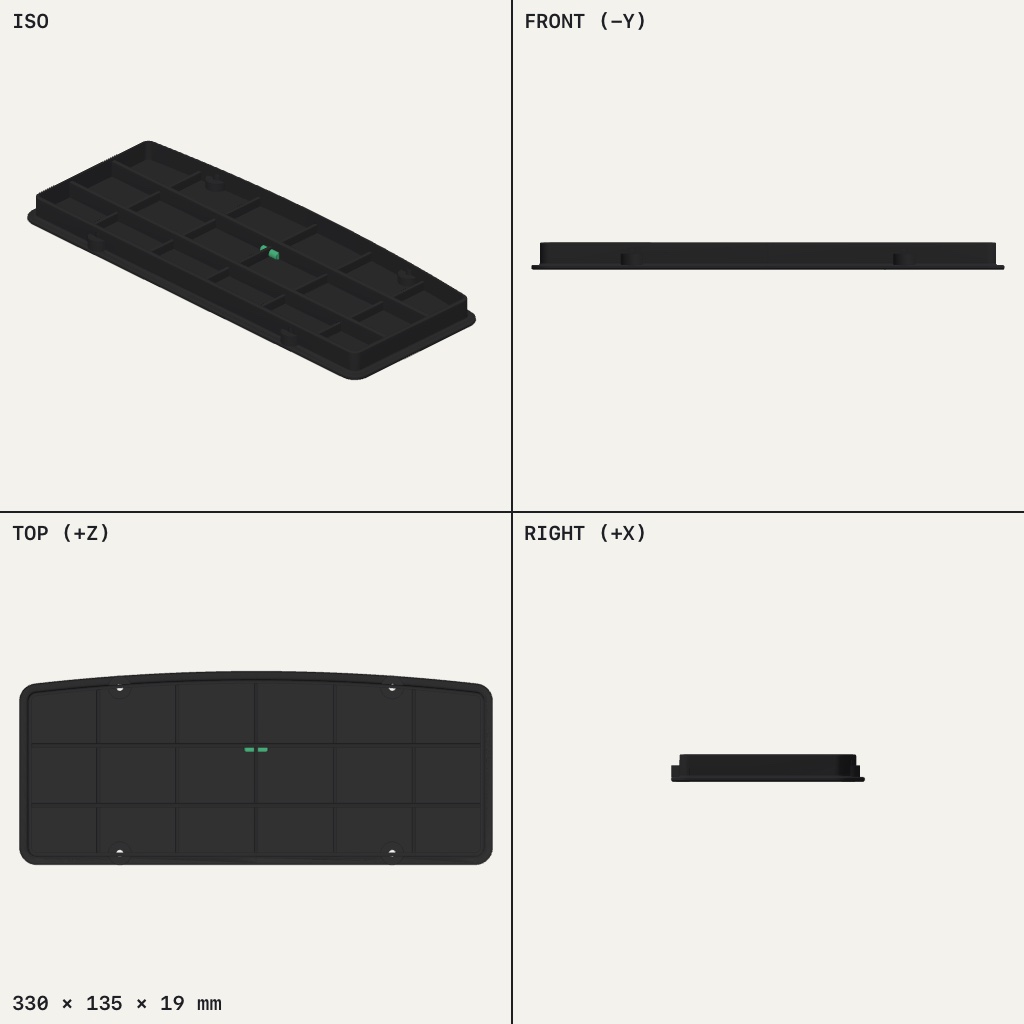 Flat dark blanking plate with an arched top edge, a ribbed back and four screw tabs at the corners