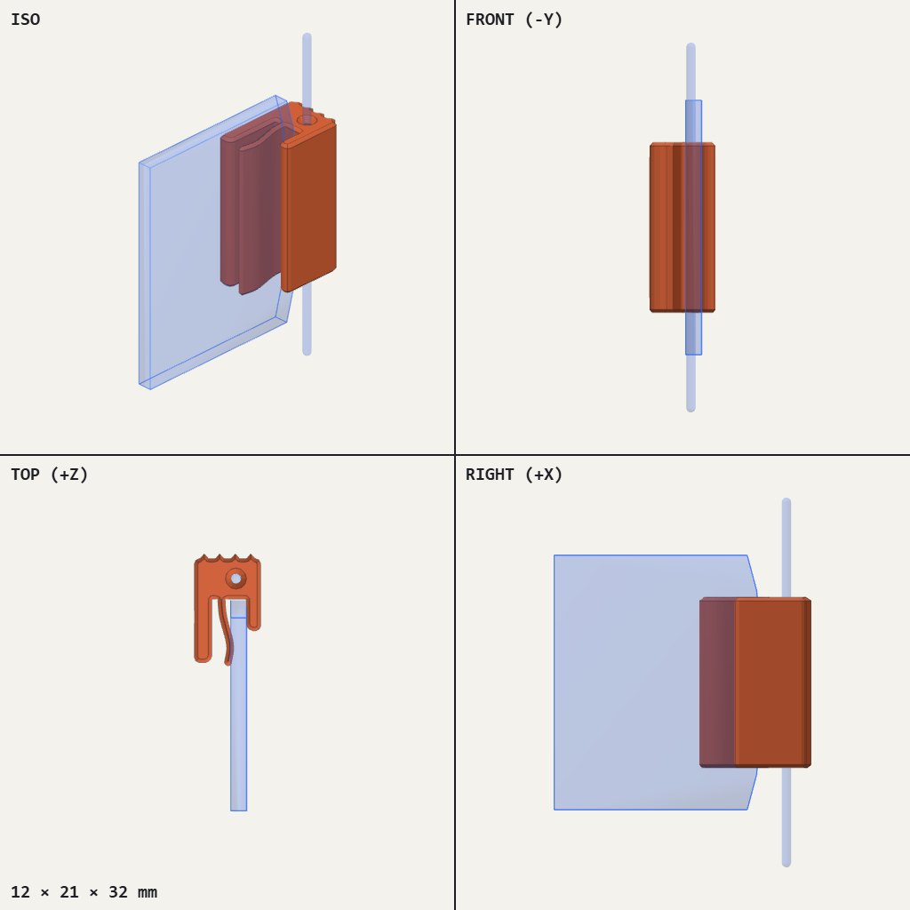 Small orange clip with a flexible tongue and a tiny hole, gripping the edge of a flat spool flange