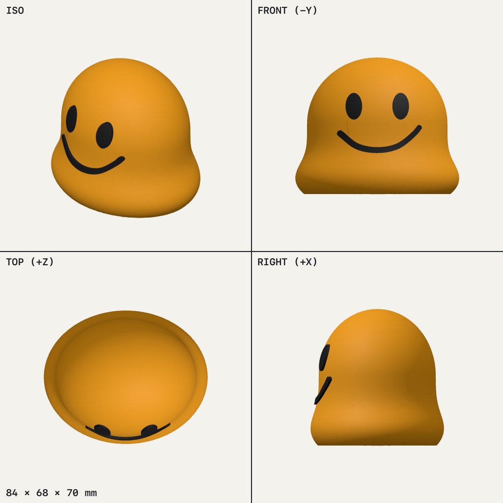 Smooth orange dome-shaped figure with two dark oval eyes and a curved smile