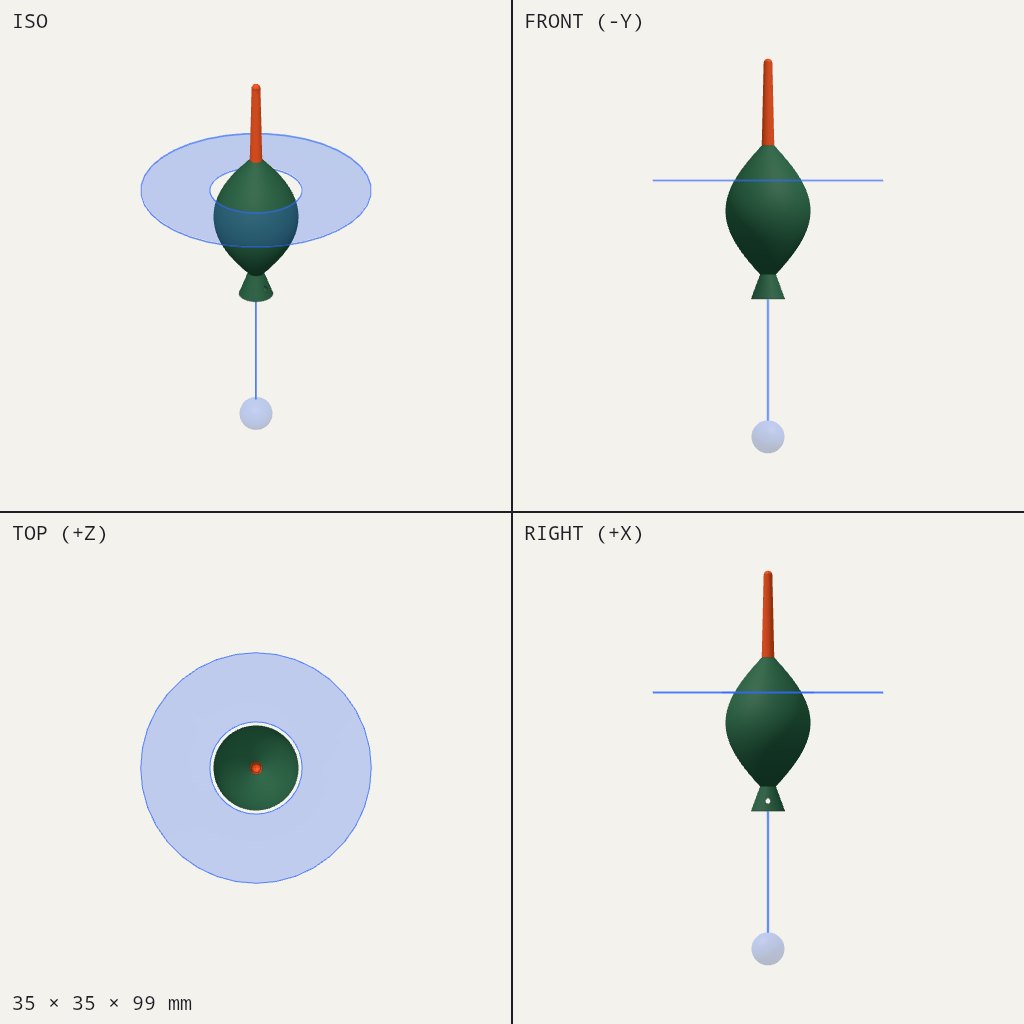 Green spindle-shaped fishing float with a tall orange antenna on top and a small tapered tip below