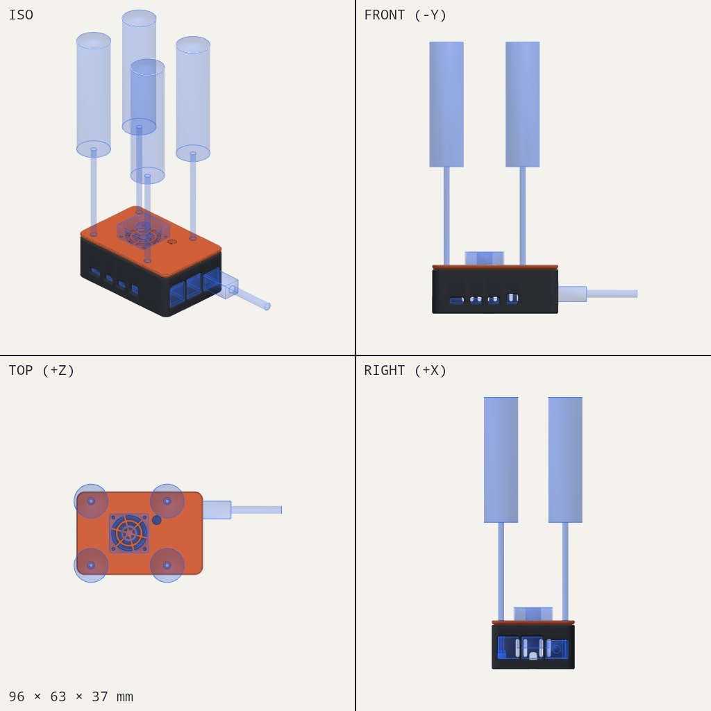 Dark box with an orange lid holding a small fan, port openings along the side and a cable slot