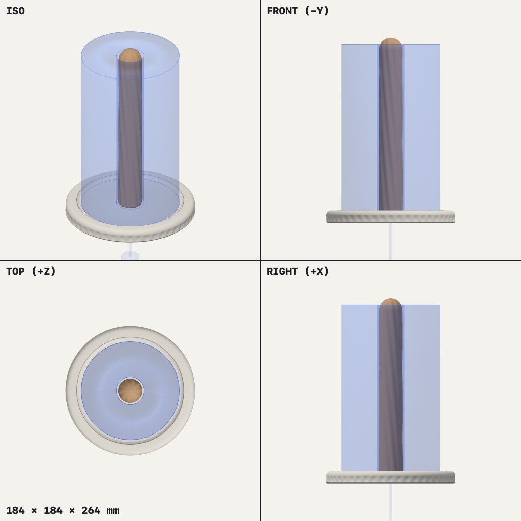 Round flat base with a tall slim twisted post rising from the centre, a paper roll shape around it