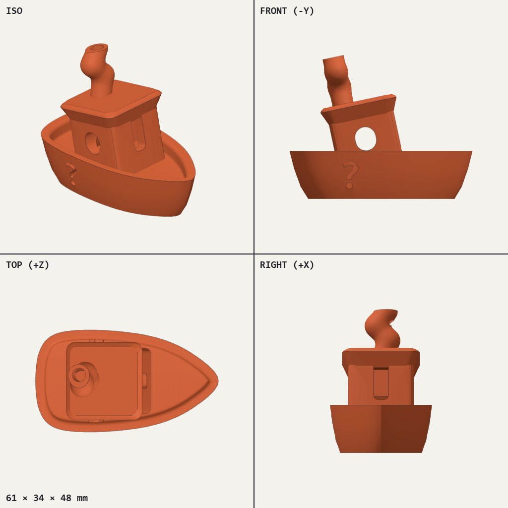 Small orange tugboat with a leaning cabin, round porthole, wobbly chimney and a question mark on the hull