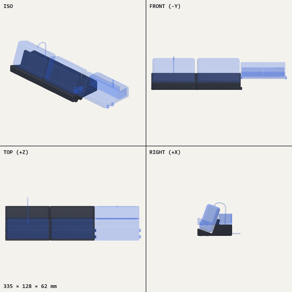 Row of low dark stand sections with angled slots and a cable bay, a controller leaning in one