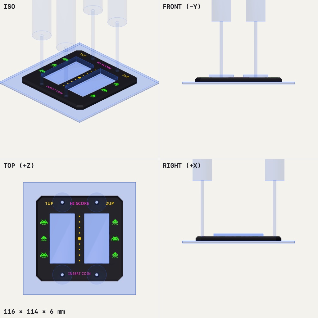 Dark square wall plate with two tall rocker openings, green pixel invaders and arcade score text