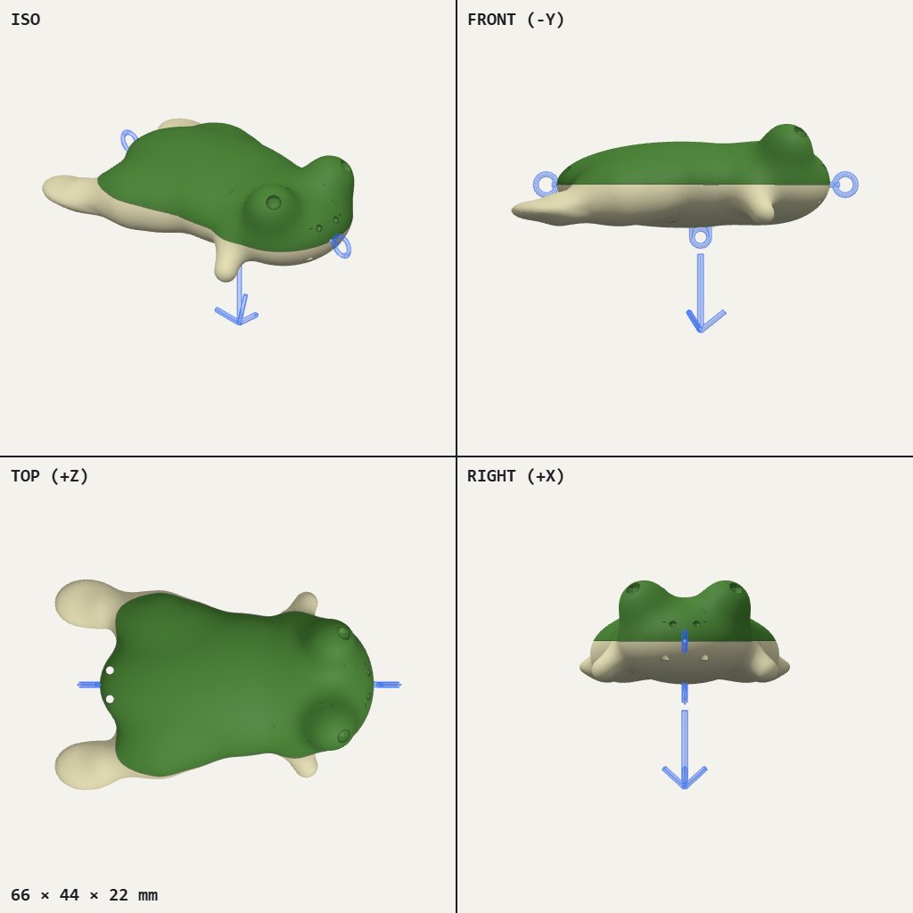 Green frog-shaped fishing lure with bulging eyes, a pale flat belly and small wire loops at nose, tail and underside