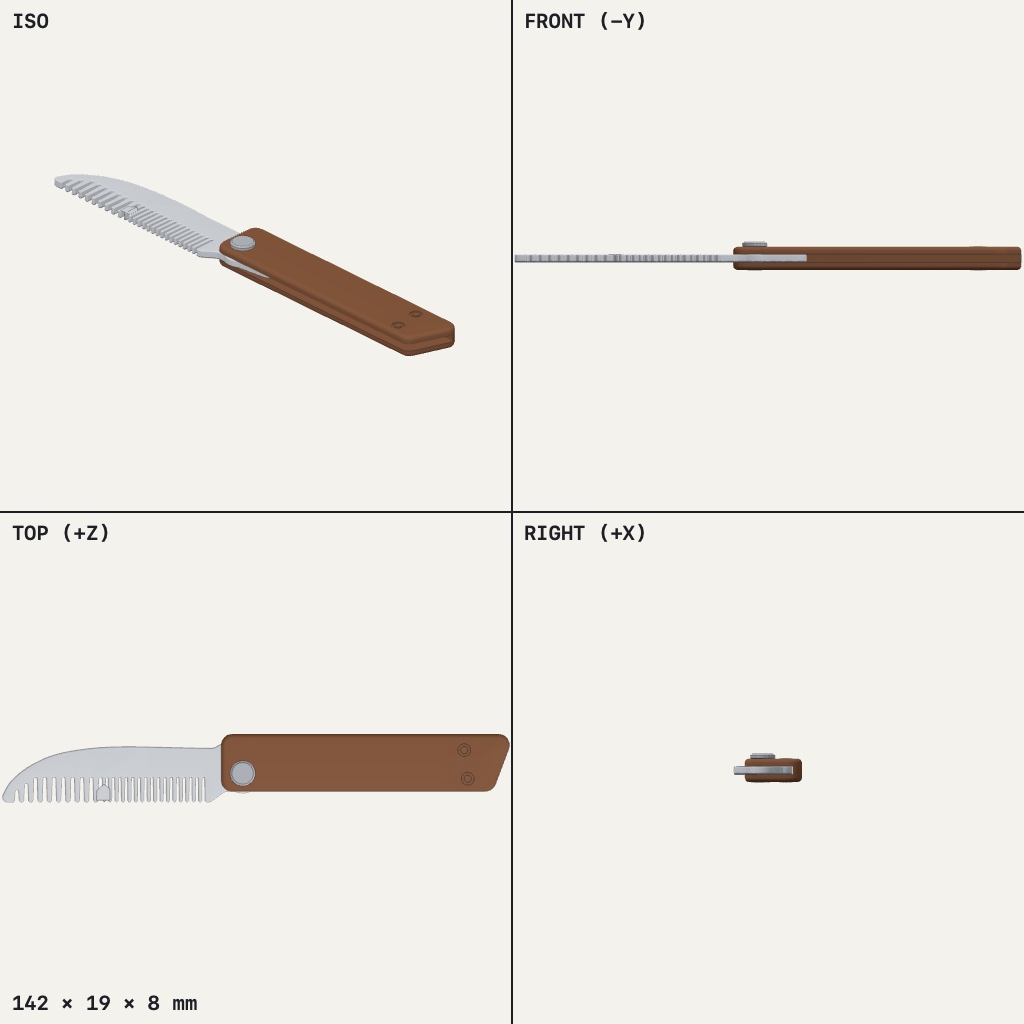 Fold-out comb with fine teeth swung open from a slim brown handle on a round pin