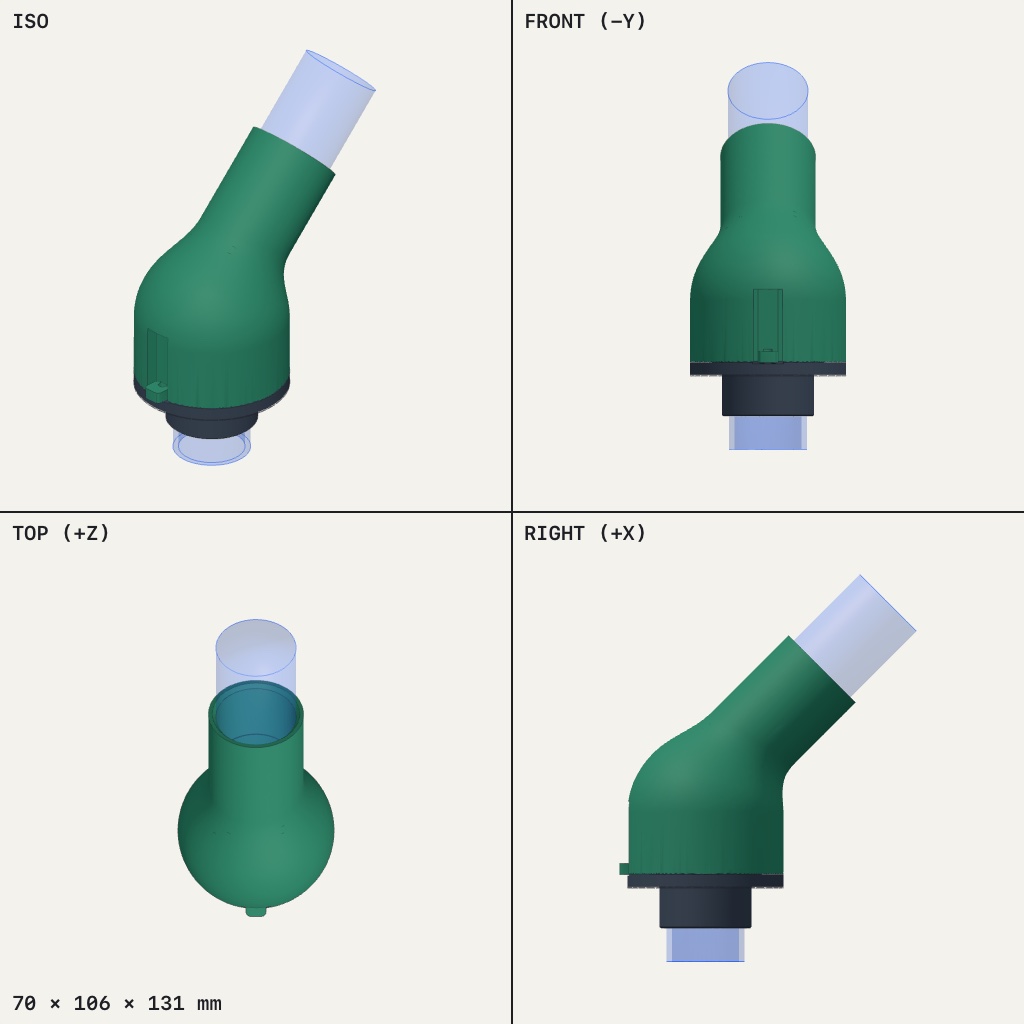 Green angled hose adapter with a dark swivel collar at the base and a round socket at the top