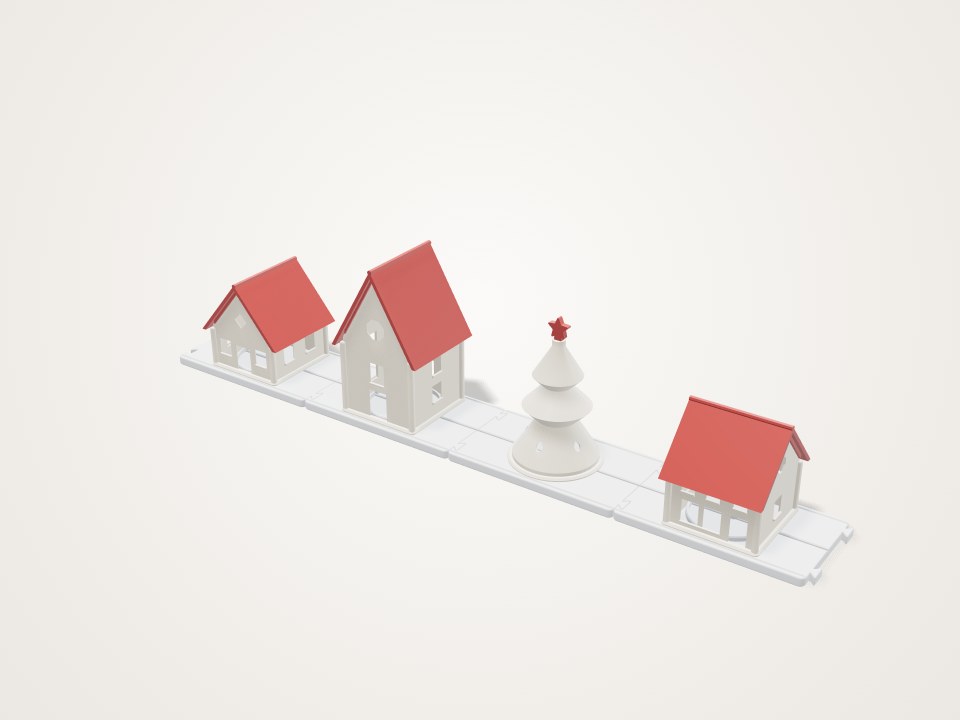 Row of small white houses with red roofs and a tree with a red star, joined on linked base tiles