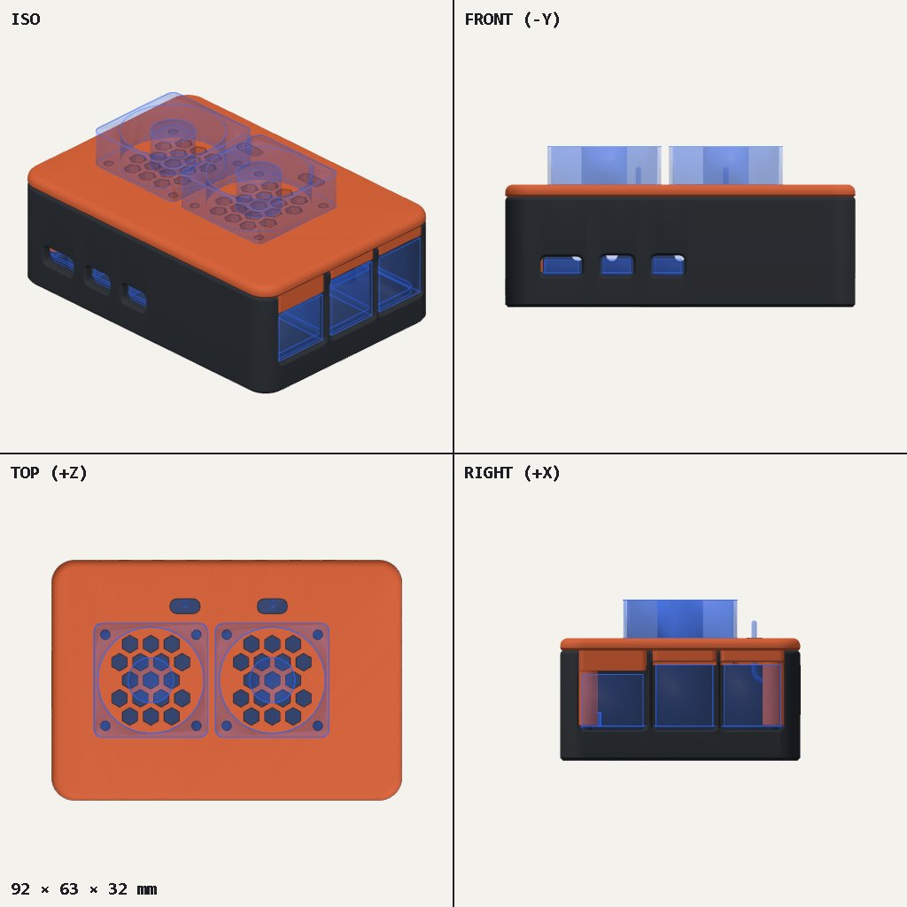 Orange-lidded black case with two small fans on top and port openings along its sides