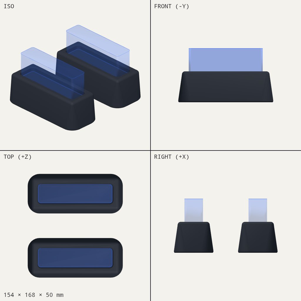Pair of dark tapered blocks, each with a shallow rectangular pocket on top for a TV foot