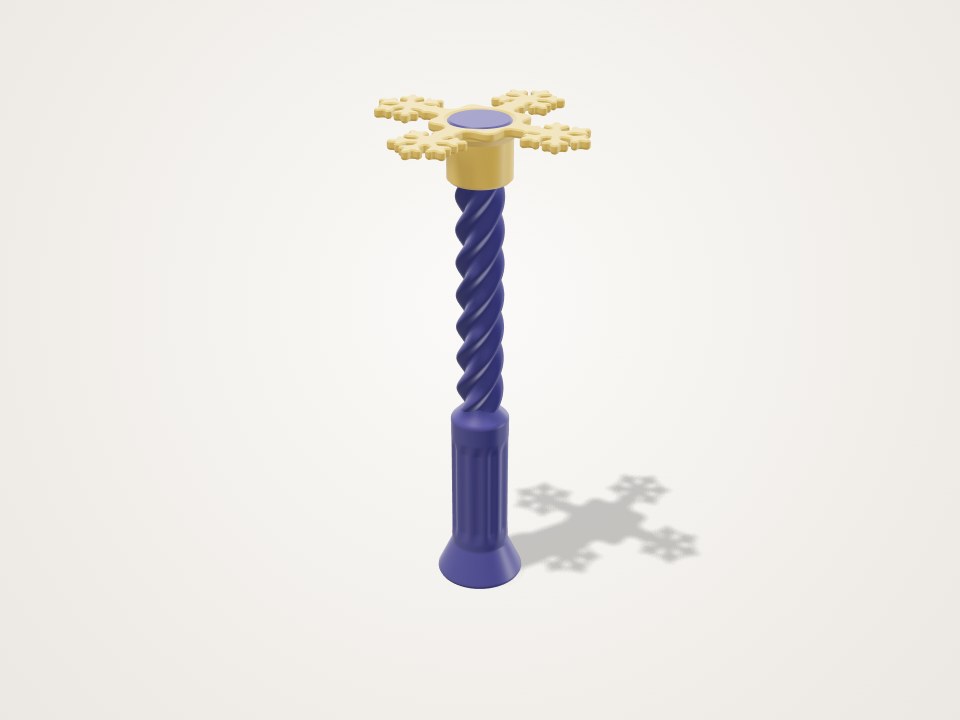 Purple twisted wand with a ribbed grip and four yellow snowflakes spreading from the top
