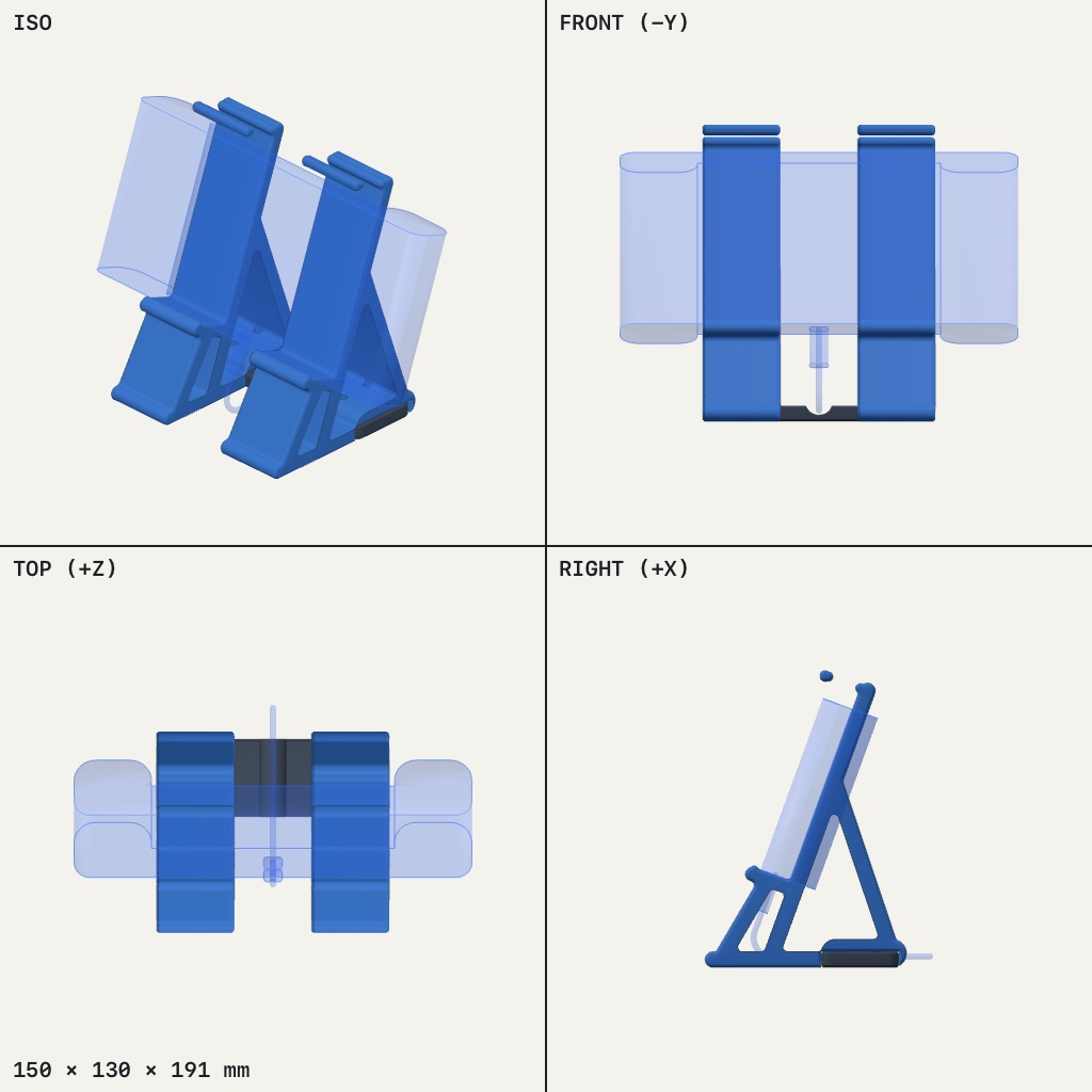 Two blue A-frame legs holding a translucent flat device upright at a steep angle