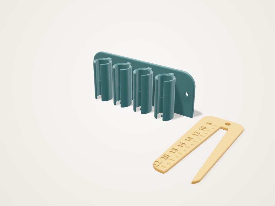 Row of four open cylinder sockets on a teal backplate, with a small flat ruler gauge beside it