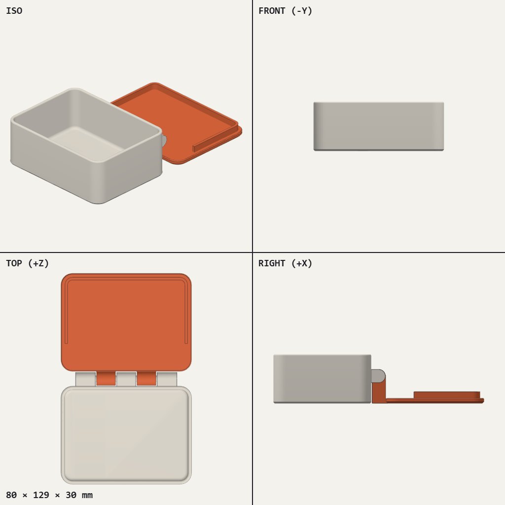 Shallow open box with a rust-orange lid folded back on a knuckle hinge along the rear edge