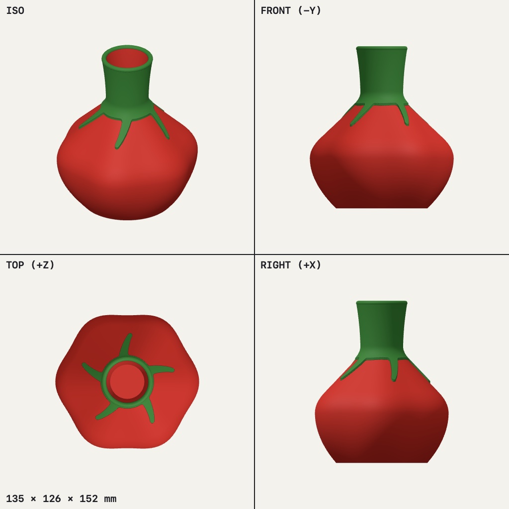 Red tomato-shaped vase with a ribbed body, a green sepal collar and a narrow open neck