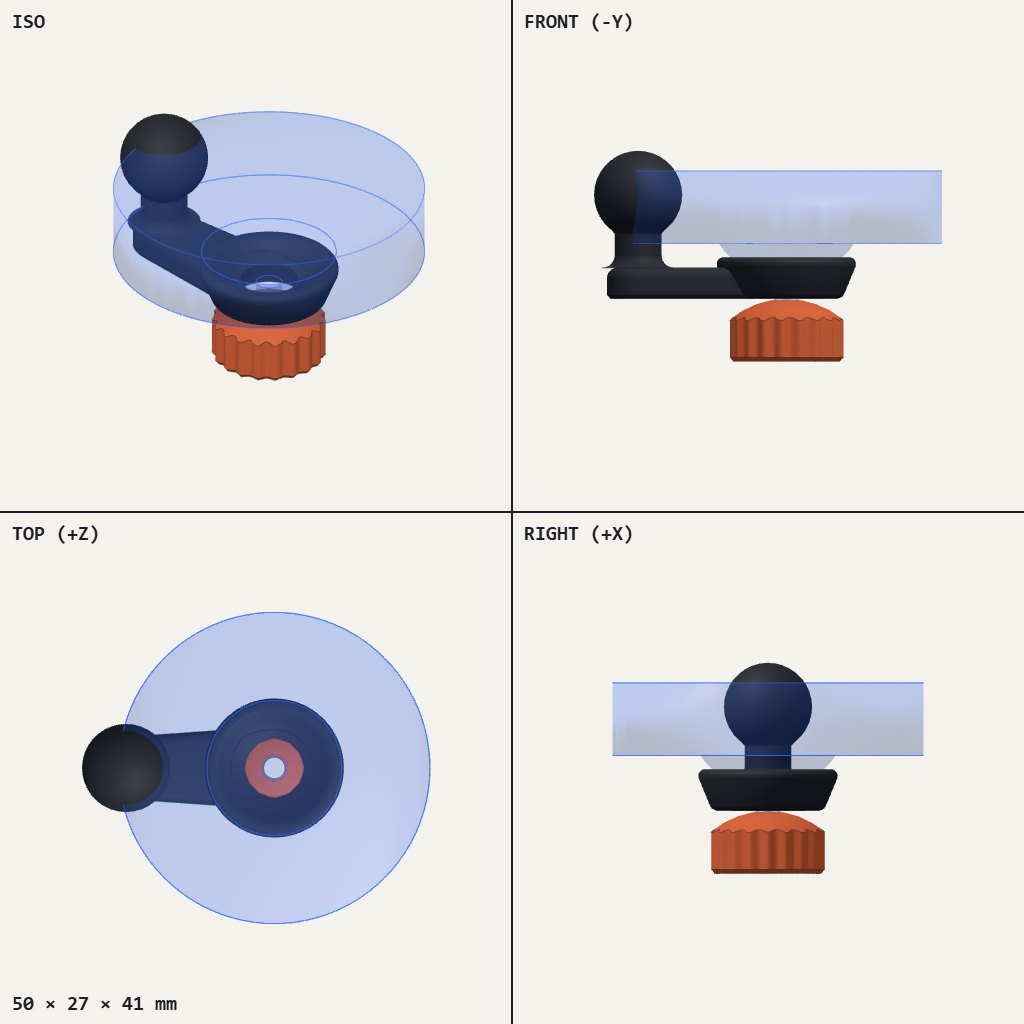 Dark arm with a ball on one end and a dome seat on the other, with an orange knurled nut underneath