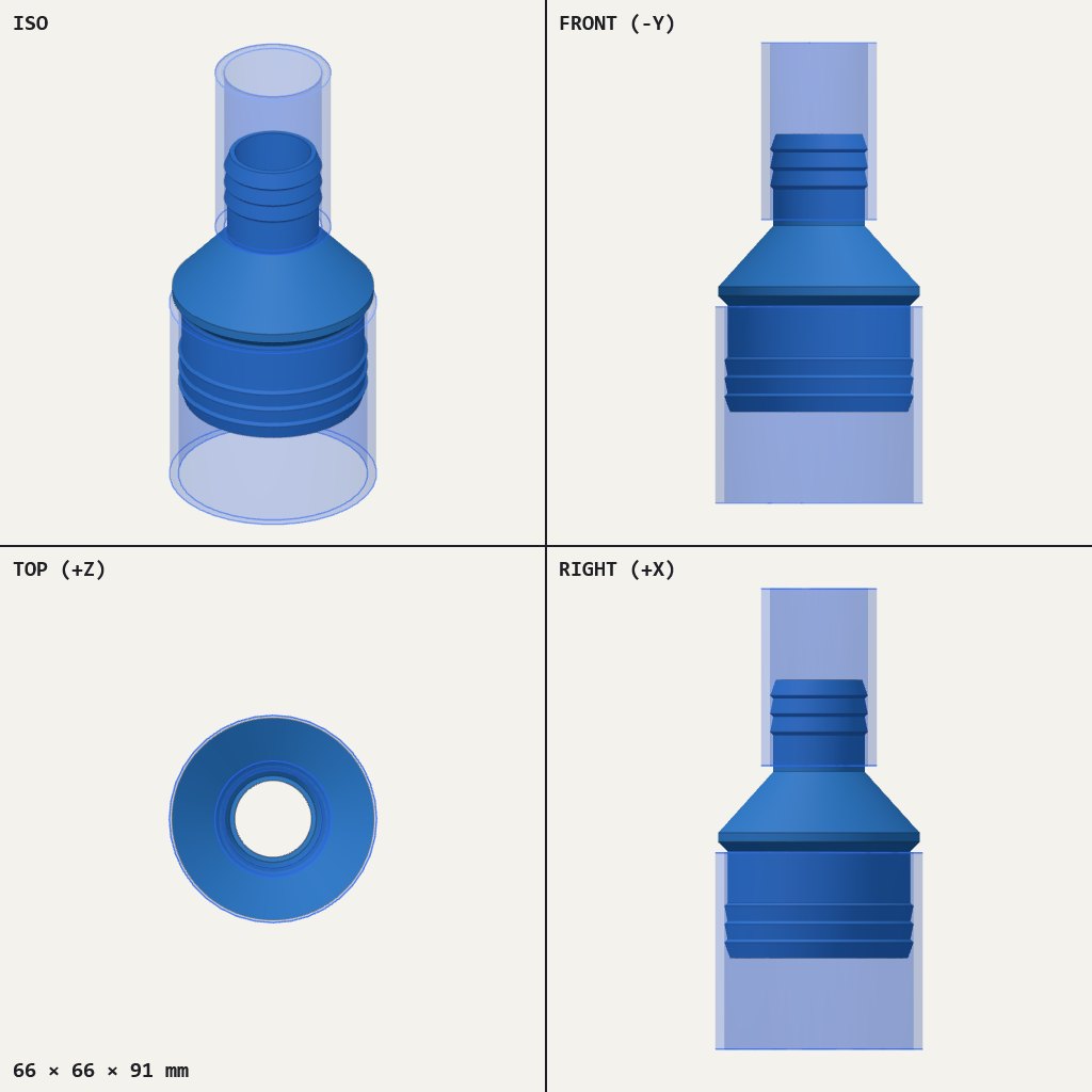 Blue two-ended pipe adapter with a wide ribbed end, a cone step and a narrow ribbed end