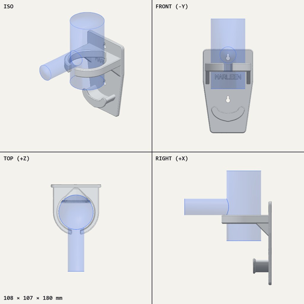 Wall plate with a ring bracket for a hairdryer barrel and a curved hook below for the handle