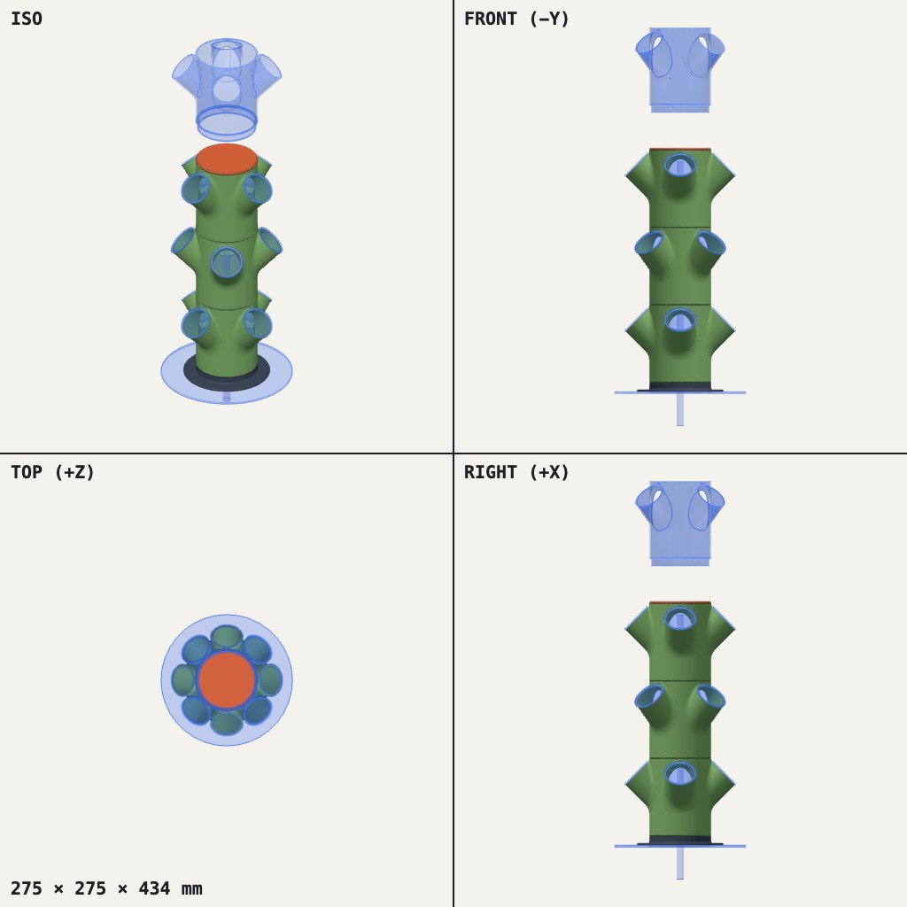 Tall green column of stacked modules with angled cup pockets, a round base plate and a cap on top