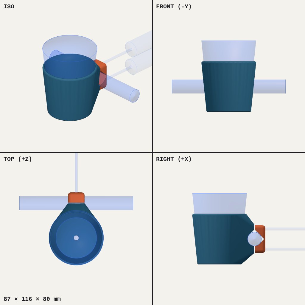 Tapered cup holder with an orange clamp block at the back gripping a horizontal handlebar