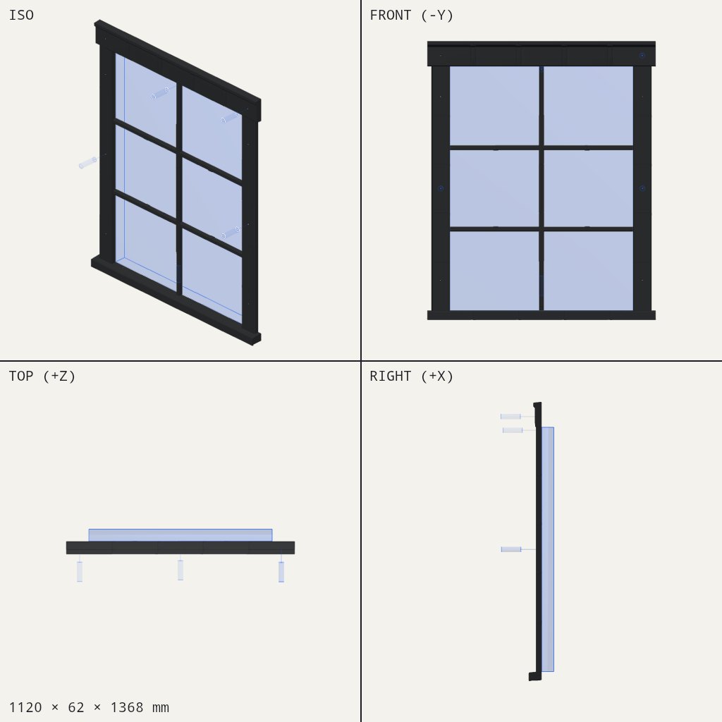 Dark window frame with six glass panes in two columns and three rows, with a casing and sill