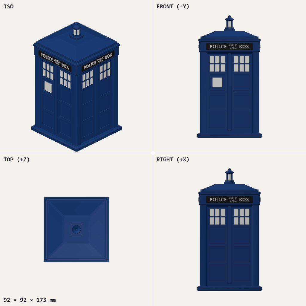 Small blue police box with a sign board, paned windows, panelled doors and a lamp on the roof