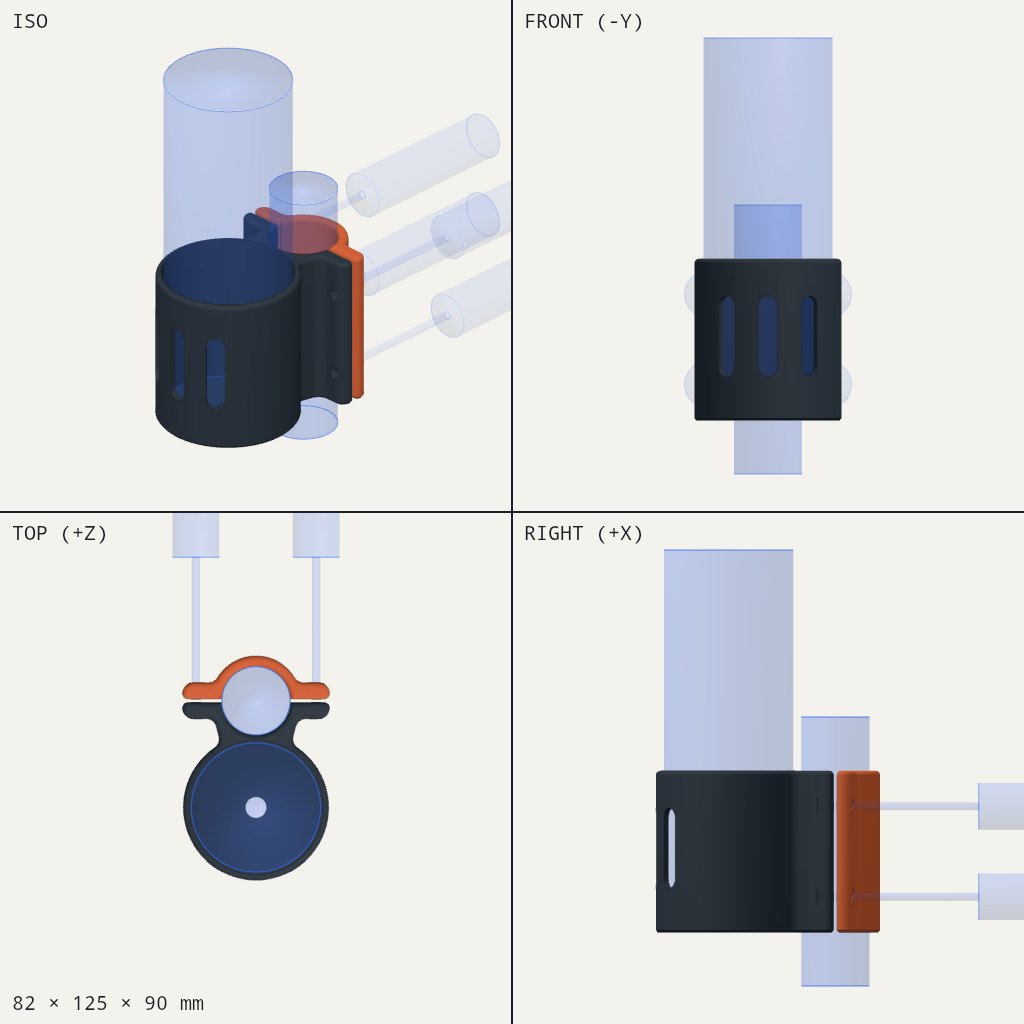 Dark round cup with side slots, attached to a pipe by an orange two-part clamp