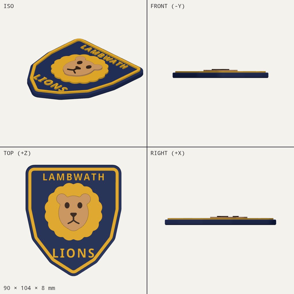 Navy shield badge with a gold border, a lion face with a mane, and the words Lambwath Lions