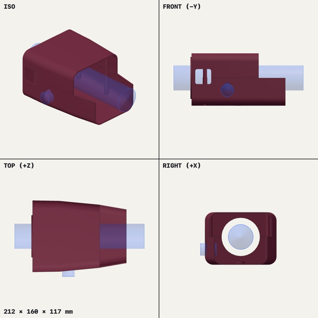 Two-piece maroon shroud around a round steering column, with a round opening at one end and a small side hole