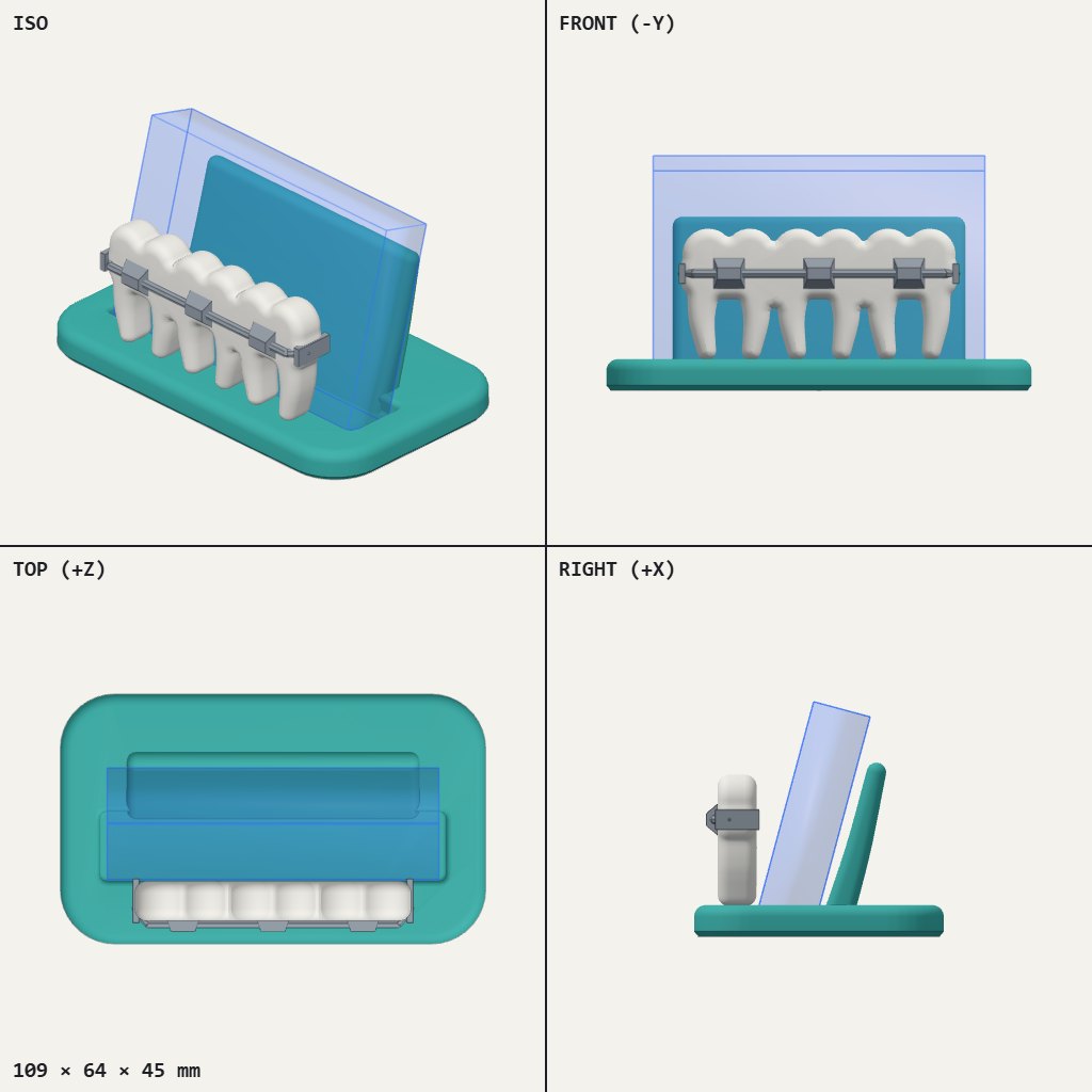 Business card stand on a teal base with a row of white teeth wearing braces in front of a leaning card stack